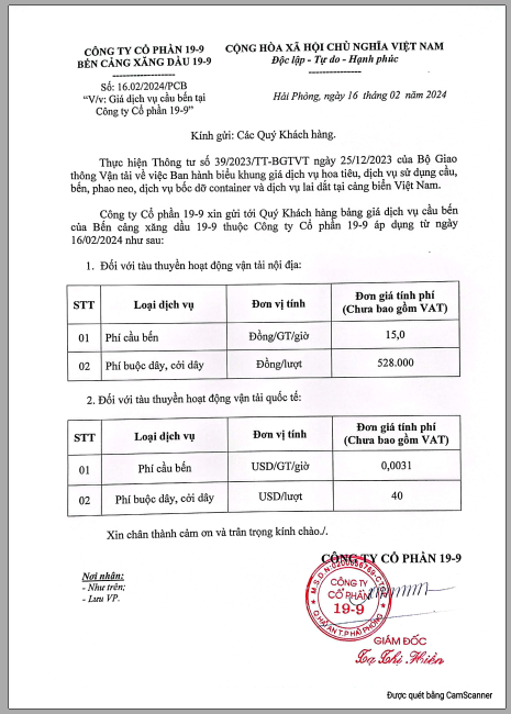 Giá cầu bến công ty 19-9